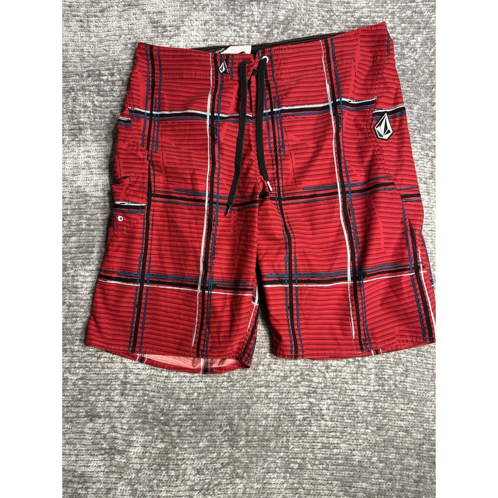 Volcom Board Shorts Mens 36 Red Plaid Maguro V2S Stretch Surf Swim